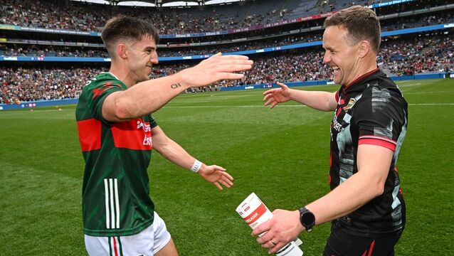 <p>Mayo manager Andy Moran, right, and Enda Hession after Saturday's victory over Cork.	Picture: Ramsey Cardy/Sportsfile</p>