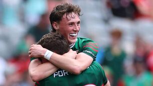 <p>GAA All-Ireland Senior Football Championship Quarter-Final, Croke Park, Dublin 27/6/2026 Cork vs Mayo Mayo’s Kobe McDonald and Jordan Flynn at the final whistle Mandatory Credit ©INPHO/James Crombie</p>