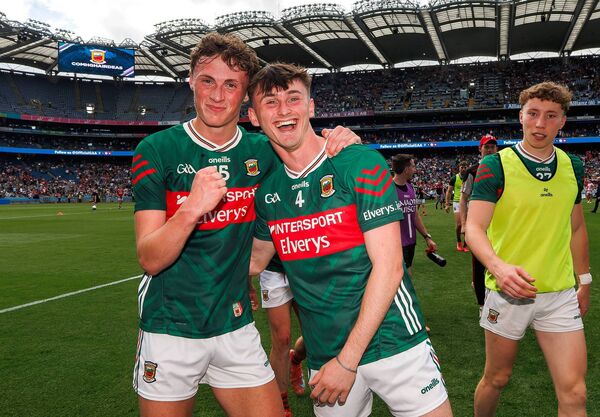 GAA All-Ireland Senior Football Championship Quarter-Final, Croke Park, Dublin 27/6/2026 Cork vs Mayo Mayo’s Kobe McDonald and Eoin McGreal celebrate after the game Mandatory Credit ©INPHO/James Crombie GAA All-Ireland Senior Football Championship Quarter-Final, Croke Park, Dublin 27/6/2026 Cork vs Mayo Mayo’s Kobe McDonald and Eoin McGreal celebrate after the game Mandatory Credit ©INPHO/James Crombie