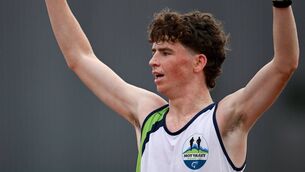 <p>Seamus Clarke of Moy Valley AC in Ballina celebrates after winning the U20 men's 5000m walk at the 123.ie National Track and Field Championships in Tullamore last Saturday.	Picture: Sam Barnes/Sportsfile</p>