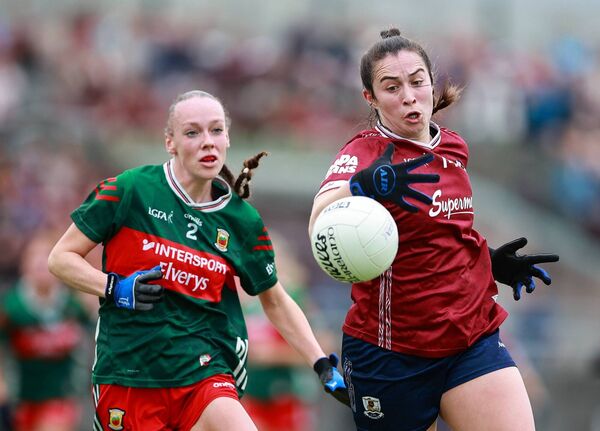 Leanne Coen of Galway in a battle for possession with Mayo's Lucy Wallace. Leanne Coen of Galway in a battle for possession with Mayo's Lucy Wallace.
