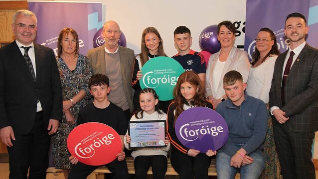 <p>Pictured at the Mayo Fóroige Citizenship Awards celebration held at Ballina Arts Centre were members of Knock Foróige Club, with Minister Dara Calleary TD, Michelle Reynolds (Foróige Area Manager, Mayo), Paddy Martin (Tusla), Claire Gavigan (Foroige Area Manager, North West), Jackie Farrell (Mayo Foróige Chairperson) and Dr Wayne Travers (National Chairperson, Foróige). 	 Picture: Trish Forde</p>