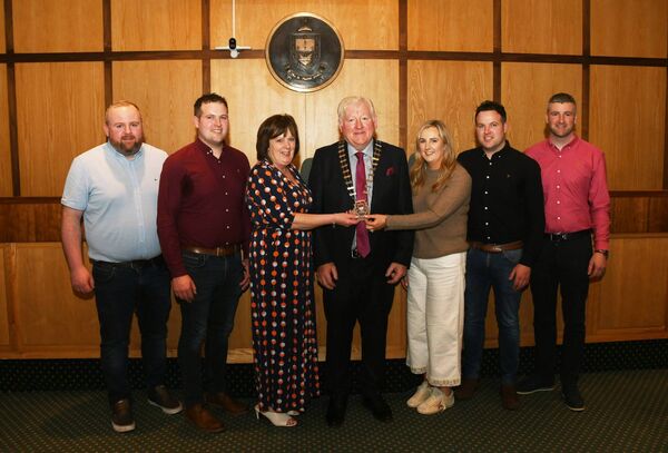 Cllr John O'Hara celebrates with his wife and children after he was elected Cathaoirleach of Mayo County Council in 2024, from left: Daniel, John, Margaret, John, Leona, Brendan and Peadar O'Hara.	 Picture: John O'Grady
