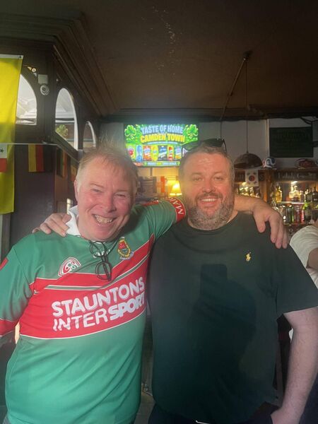 Seamus Joyce, Hollymount, with Connor Joyce, Claremorris, celebrating Mayo win at the Camden Arms, London. Seamus Joyce, Hollymount, with Connor Joyce, Claremorris, celebrating Mayo win at the Camden Arms, London.