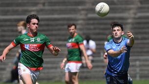 <p>Westport’s Luke Tunney offloads the ball ahead of Ballina Stephenites Conor Jordan during the AbbVie Mayo SFL Division 1 final at Hastings Insurance MacHale Park last Sunday. Picture: David Farrell Photography </p> <p>Westport’s Luke Tunney offloads the ball ahead of Ballina Stephenites Conor Jordan during the AbbVie Mayo SFL Division 1 final at Hastings Insurance MacHale Park last Sunday. Picture: David Farrell Photography </p>