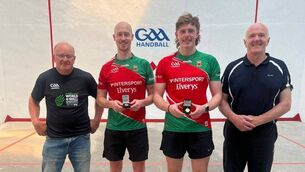 <p>Mayo All-Ireland Handball champions pictured after their victories in Offaly at the weekend. From left: George Miller (Swinford), Niall Joyce, Paddy Murphy and Tom McCormack (all Claremorris). George and Tom won the Diamond Masters doubles while Niall and Paddy won the Intermediate doubles. </p> <p>Mayo All-Ireland Handball champions pictured after their victories in Offaly at the weekend. From left: George Miller (Swinford), Niall Joyce, Paddy Murphy and Tom McCormack (all Claremorris). George and Tom won the Diamond Masters doubles while Niall and Paddy won the Intermediate doubles. </p>
