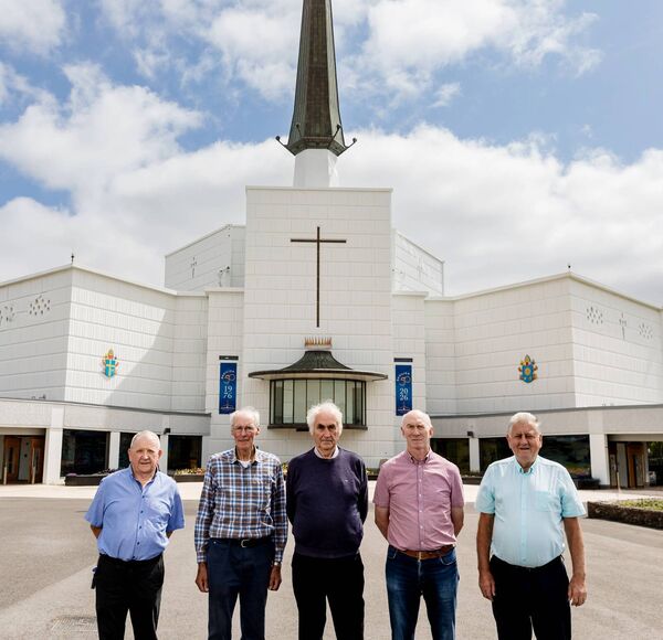 Thousands gathered at Knock Shrine on Saturday for the Basilica's 50th-anniversary celebrations. Among them were many of the original construction crew, including, from left: Eamonn Cunnane, Luke O’Malley, Liam Mullahy, John Lenaghan and Haulie Grady. Pictures: Sean Flynn, The Commercial Photographer Thousands gathered at Knock Shrine on Saturday for the Basilica's 50th-anniversary celebrations. Among them were many of the original construction crew, including, from left: Eamonn Cunnane, Luke O’Malley, Liam Mullahy, John Lenaghan and Haulie Grady. Pictures: Sean Flynn, The Commercial Photographer