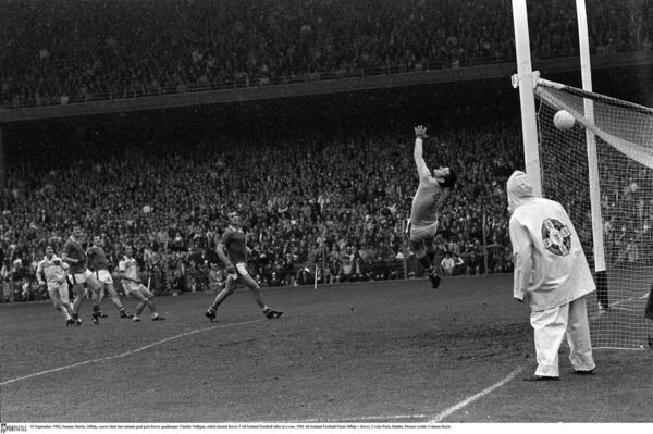 19 September 1982; Seamus Darby, Offaly, scores their last minute goal past Kerry goalkeeper Charlie Nelligan, which denied Kerry 5 All-Ireland Football titles in a row. 1982 All Ireland Football Final, Offaly v Kerry, Croke Park, Dublin. Picture credit; Colman Doyle 19 September 1982; Seamus Darby, Offaly, scores their last minute goal past Kerry goalkeeper Charlie Nelligan, which denied Kerry 5 All-Ireland Football titles in a row. 1982 All Ireland Football Final, Offaly v Kerry, Croke Park, Dublin. Picture credit; Colman Doyle
