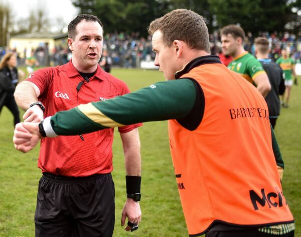 Andy Moran, in his days as Leitrim manager, speaks to referee Martin McNally after a Division 4 match against Sligo. McNally will referee his first All-Ireland SFC Final on Sunday. Picture: Stephen Marken/Sportsfile Andy Moran, in his days as Leitrim manager, speaks to referee Martin McNally after a Division 4 match against Sligo. McNally will referee his first All-Ireland SFC Final on Sunday. Picture: Stephen Marken/Sportsfile