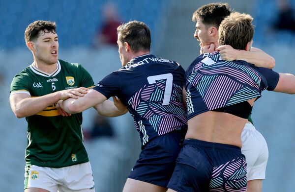 Kerry’s Mike Breen and Brian Ó Beaglaoich with Stephen Coen and Aidan O'Shea of Mayo in the 2025 Division 1 final. Picture: INPHO/James Crombie Kerry’s Mike Breen and Brian Ó Beaglaoich with Stephen Coen and Aidan O'Shea of Mayo in the 2025 Division 1 final. Picture: INPHO/James Crombie