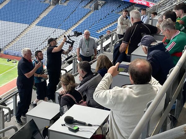 Pat Spillane in Croke Park's press box in advance of today's Mayo v Kerry final. Pat Spillane in Croke Park's press box in advance of today's Mayo v Kerry final.