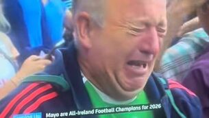 <p>Mayo fan Shane Fitzgerald overcome with emotion.</p>