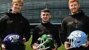 <p>Pictured during the Aer Lingus College Football Classic partnership announcement at Aviva Stadium in Dublin are (from left) Darragh Leader of Leader Kicking with presenters of Leader Kicking Jim Flannagan and Tadhg Leader. Photo: Tyler Miller | Sportsfile</p> <p>Pictured during the Aer Lingus College Football Classic partnership announcement at Aviva Stadium in Dublin are (from left) Darragh Leader of Leader Kicking with presenters of Leader Kicking Jim Flannagan and Tadhg Leader. Photo: Tyler Miller | Sportsfile</p>