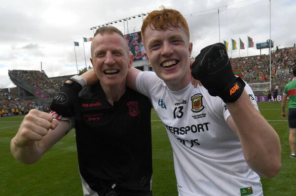 Mayo team selector Colm Boyle celebrates with Darragh Beirne after the final whistle in Croke Park.	Picture: David Farrell Photography 