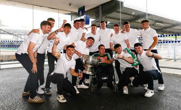 The Mayo senior footballers are pictured at Heuston Station in Dublin yesterday afternoon with Mayo fan Stephen Monahan, from Wicklow, as they prepared to bring Sam Maguire back to county for the first time since 1951. Picture: INPHO/Grace Halton The Mayo senior footballers are pictured at Heuston Station in Dublin yesterday afternoon with Mayo fan Stephen Monahan, from Wicklow, as they prepared to bring Sam Maguire back to county for the first time since 1951. Picture: INPHO/Grace Halton