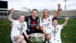 <p>Mayo manager Andy Moran celebrates with his wife Jennifer, daughter Charlotte and son Ollie after Mayo's historic All-Ireland Senior Football Championship Final victory. 	Picture: INPHO/Tom Maher</p>