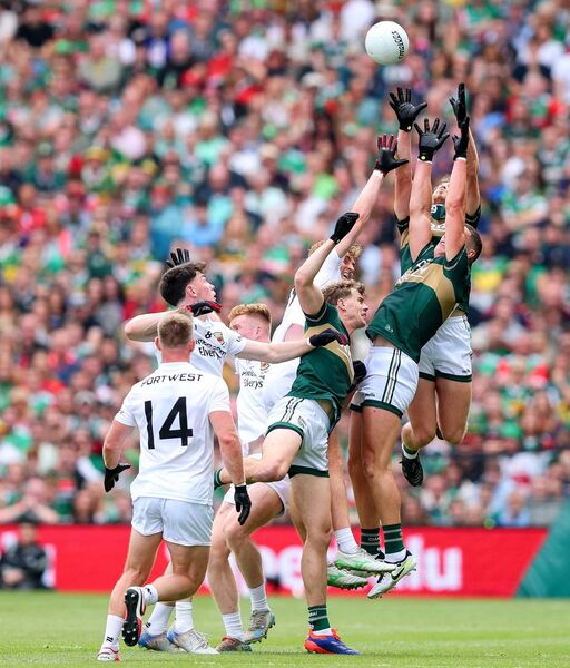 Mayo's Jack Carney contests a high ball with Kerry’s Sean O'Brien and Joe O’Connor while Bob Tuohy and Ryan O'Donoghue prepare for the breaking ball. Picture: INPHO/Tom O’Hanlon Mayo's Jack Carney contests a high ball with Kerry’s Sean O'Brien and Joe O’Connor while Bob Tuohy and Ryan O'Donoghue prepare for the breaking ball. Picture: INPHO/Tom O’Hanlon