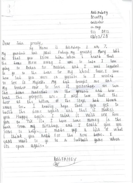 Ross sent a heartfelt letter to Connacht GAA CEO John Prenty.