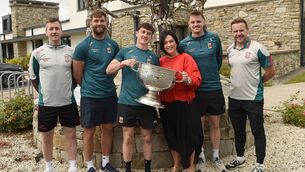 <p> Sam Maguire visits The Mayo Roscommom Hospice From left Cillian O'Connor, Aidan O'Shea, Jack Coyne, CEO of Mayo Roscommon Hospice Martina Jennings, Matthew Ruane and Mayo team manager Andy Moran. Photo Conor McKeown</p>