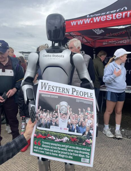 The humanoid robot A2 proved a big attraction at Bonniconlon Show. It event managed to go home with a copy of the Western People's All-Ireland final souvenir front page. The humanoid robot A2 proved a big attraction at Bonniconlon Show. It event managed to go home with a copy of the Western People's All-Ireland final souvenir front page.