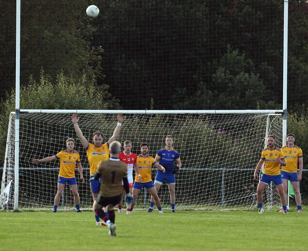 Belmullet goalkeeper Shane Nallen lands a ’45 during Friday night's Mayo SFC Group 4 clash at St Joseph's Park in Knockmore. Pictures: David Farrell Photography Belmullet goalkeeper Shane Nallen lands a ’45 during Friday night's Mayo SFC Group 4 clash at St Joseph's Park in Knockmore. Pictures: David Farrell Photography