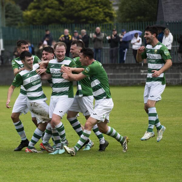 Castlebar Celtic celebrations. Brian Walsh (left front) is congratulated after putting Celtic in front. Picture: John Corless