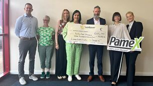 <p>Pictured at the presentation to Mayo Roscommon Hospice were, from left: Gerard Murphy, Mary Hebron, Rachel Murphy, Martina Jennings (CEO Mayo Roscommon Hospice Foundation), Cormac Kearney (CEO Pamex), Roberta Heaverin and Karen Flynn.</p> <p>Pictured at the presentation to Mayo Roscommon Hospice were, from left: Gerard Murphy, Mary Hebron, Rachel Murphy, Martina Jennings (CEO Mayo Roscommon Hospice Foundation), Cormac Kearney (CEO Pamex), Roberta Heaverin and Karen Flynn.</p>