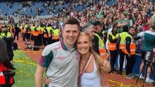 <p>Fergal Boland and Roberta Harrington, pictured at Croke Park after Mayo's All-Ireland triumph, will get married today.</p>