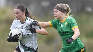<p>Charlestown’s Ava Mai Casey is closely marked by Kilmovee’s Ava Horgan during the AbbVie Mayo LSFC encounter this morning in Kilmovee. The hosts ran out six-point winners in the east Mayo derby. Picture: David Farrell Photography </p>