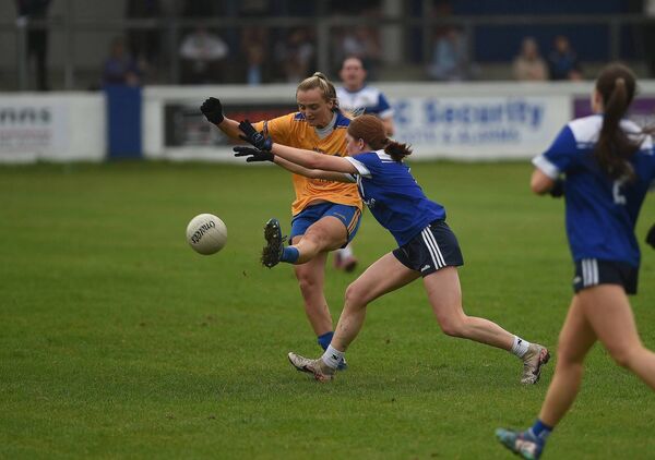 Knockmore's Shauna Howley gets her shot away despite the efforts of Isobel Philips of Claremorris during the the AbbVie Mayo LSFC Round 1 game in Claremorris. Picture: Conor McKeown Knockmore's Shauna Howley gets her shot away despite the efforts of Isobel Philips of Claremorris during the the AbbVie Mayo LSFC Round 1 game in Claremorris. Picture: Conor McKeown