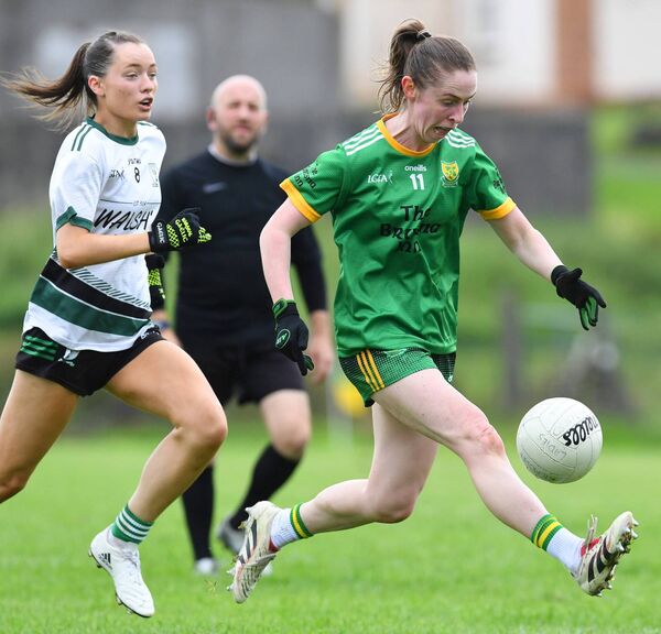 Kilmovee Shamrocks Sinead Cafferkey solos the ball past opponent Katie Gavin during the Mayo LGFA AbbVie SFC at Kilmovee last Sunday morning. Picture: David Farrell Photography 