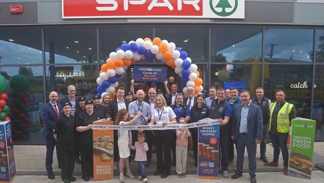 <p>Management, staff and customers at opening of Corrib Oil Ballina. 	Picture: Conor McKeown</p>