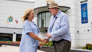 <p>Broadcaster Mary Kennedy greets John Flynn, from Leitrim at the National Novena at Knock Shrine. 	Picture: The Commercial Photographer</p>
