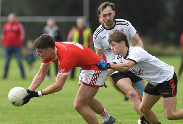 Moy Davitts’ Ajay McGrath is tackled by Davitts’ Ciaran Treacy during the Egan Jewellers Mayo IFC clash in Foxford last Friday evening. Picture: David Farrell Photography Moy Davitts’ Ajay McGrath is tackled by Davitts’ Ciaran Treacy during the Egan Jewellers Mayo IFC clash in Foxford last Friday evening. Picture: David Farrell Photography