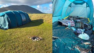 <p>An abandoned tent on Keel Machair and the contents left in it. Photo: Keel Machair Protection Group. </p> <p>An abandoned tent on Keel Machair and the contents left in it. Photo: Keel Machair Protection Group. </p>