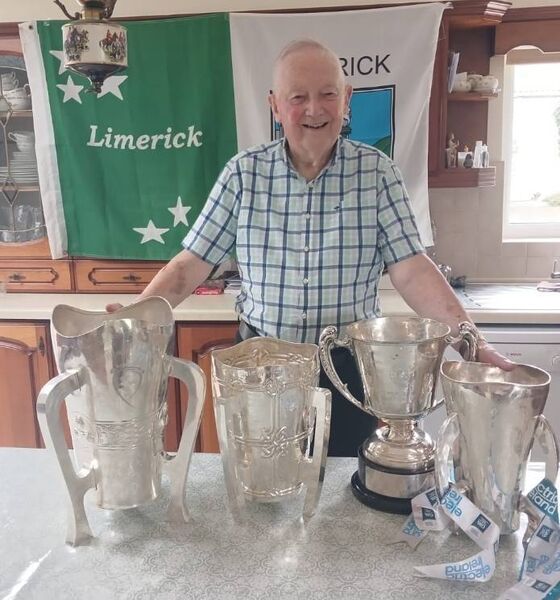 Michael Byrnes, Lowpark, Charlestown and a native of Ballybrown, Co Limerick pictured with all the silverware won by the Limerick senior hurling team in 2026 including the Liam McCarthy Cup, the Munster Hurling Championship, the National League Division One title and the Munster Senior League Cup, all of which paid a visit to the Byrnes household recently. Michael Byrnes, Lowpark, Charlestown and a native of Ballybrown, Co Limerick pictured with all the silverware won by the Limerick senior hurling team in 2026 including the Liam McCarthy Cup, the Munster Hurling Championship, the National League Division One title and the Munster Senior League Cup, all of which paid a visit to the Byrnes household recently.