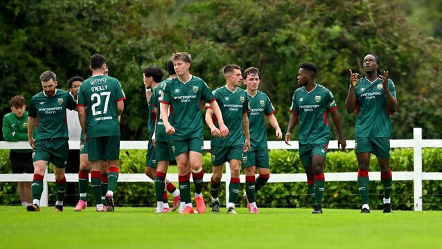 <p>Ben Edeh of Mayo, right, celebrates after scoring his side's first goal during the FAI National League match between Mayo and St Francis at Umbro Park in Castlebar, Mayo. Picture: Paul Phelan/Sportsfile </p>