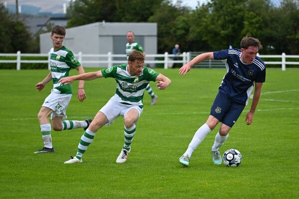 Castlebar Celtic's Mark Cunningham watches on as teammates Niall Brennan keeps tabs on Eoghan Wright of Glenhest Rovers. Picture: John Corless Castlebar Celtic's Mark Cunningham watches on as teammates Niall Brennan keeps tabs on Eoghan Wright of Glenhest Rovers. Picture: John Corless