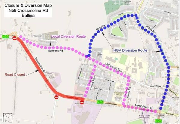 Map of road closure and diversion route for the N59 Crossmolina Road in Ballina. Photo: Mayo County Council. Map of road closure and diversion route for the N59 Crossmolina Road in Ballina. Photo: Mayo County Council.