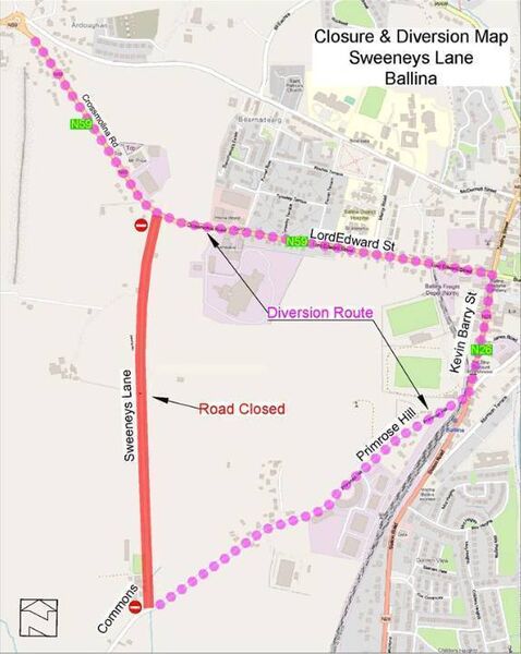 Map of road closure and diversion route for Sweeney's Lane in Ballina. Photo: Mayo County Council. Map of road closure and diversion route for Sweeney's Lane in Ballina. Photo: Mayo County Council.