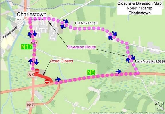 Map of road closure and diversion route for the N5/N17 Ramp in Charlestown. Photo: Mayo County Council. Map of road closure and diversion route for the N5/N17 Ramp in Charlestown. Photo: Mayo County Council.