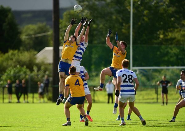Knockmore's Pearse Ruttlidge and Breaffy's Conor O'Shea compete for possession beneath a kickout during last Sunday's Group 4 clash at Gilmartin Park in Kiltimagh. Pictures: Conor McKeown Knockmore's Pearse Ruttlidge and Breaffy's Conor O'Shea compete for possession beneath a kickout during last Sunday's Group 4 clash at Gilmartin Park in Kiltimagh. Pictures: Conor McKeown