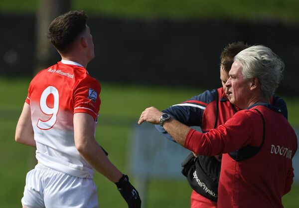 Belmullet midfielder Seamus Howard receives medical attention from team doctor Fergal Ruane during his side's victory over Ballaghaderreen that confirmed their passage to next week's quarter-finals. Picture: David Farrell Photography Belmullet midfielder Seamus Howard receives medical attention from team doctor Fergal Ruane during his side's victory over Ballaghaderreen that confirmed their passage to next week's quarter-finals. Picture: David Farrell Photography