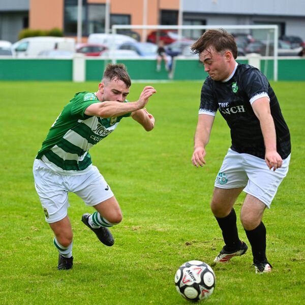 Óisin Tighe of Castlebar Celtic with Claremorris full-back Finn McLoughlin. Picture: John Corless Óisin Tighe of Castlebar Celtic with Claremorris full-back Finn McLoughlin. Picture: John Corless
