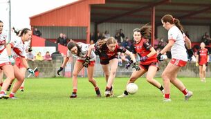 <p>Ballyhaunis midfielder Gerri Maye Henry has eyes only for the ball during last Sunday's crunch championship clash with Aghamore in Ballindine.	Picture: Ballyhaunis LGFA/Facebook</p>
