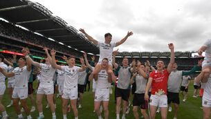 <p>Some of the Mayo team acknowledge the magnificent support of their fans after the final whistle. Picture: David Farrell Photography </p>