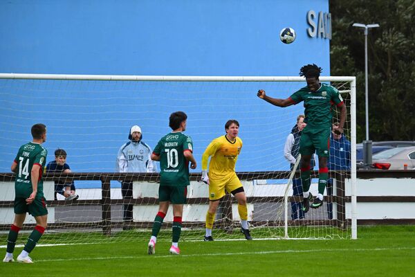 Ben Edeh played a true striker’s role on Saturday for Mayo helping out in defence of set pieces. Here he heads clear a Salthill corner. Picture: John Corless