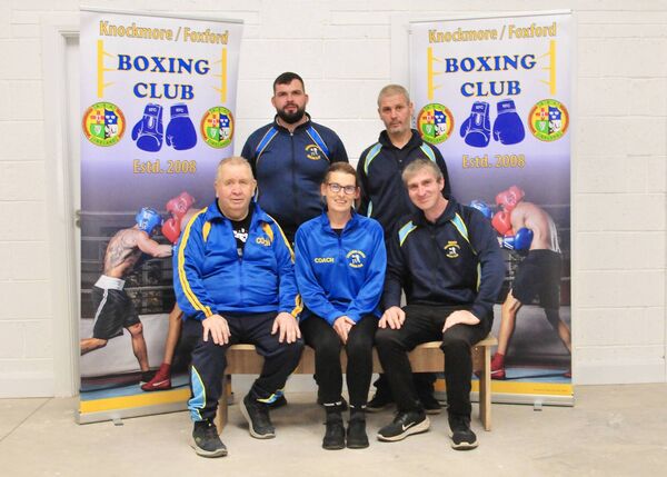 Some of the coaches involved in the Knockmore/Foxford Boxing Club, front row, from left: Billy Rice (secretary), Pauline Dempsey (treasurer), Michael McTigue (head coach). Back row: Martin Ward (underage coach) and Brendan Walsh (assistant head coach). Picture: Louis McNulty Some of the coaches involved in the Knockmore/Foxford Boxing Club, front row, from left: Billy Rice (secretary), Pauline Dempsey (treasurer), Michael McTigue (head coach). Back row: Martin Ward (underage coach) and Brendan Walsh (assistant head coach). Picture: Louis McNulty