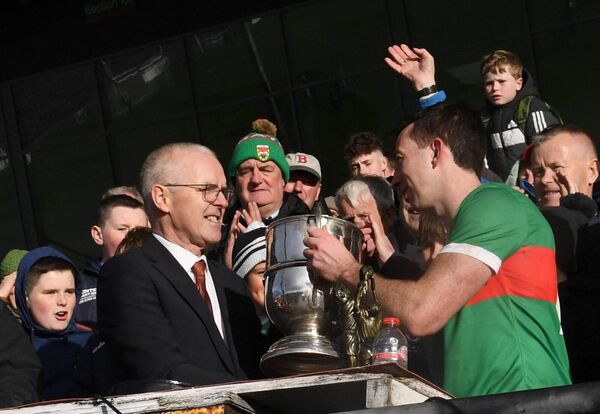 Seamus Tuohy, Chairman, Mayo County GAA Board, presents the Moclair Cup to Ballina Stephenites captain, Evan Regan, after the Connacht Gold Mayo GAA SFC final replay at Hastings Insurance MacHale Park last year Picture: David Farrell Photography Seamus Tuohy, Chairman, Mayo County GAA Board, presents the Moclair Cup to Ballina Stephenites captain, Evan Regan, after the Connacht Gold Mayo GAA SFC final replay at Hastings Insurance MacHale Park last year Picture: David Farrell Photography