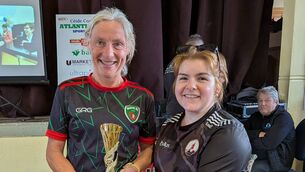 <p>Sarah McDonnell, Ballycastle AC, presents Colette Tuohy, Mayo AC, with trophy for second woman finisher in Ceide Coast Atlantic Run Half-marathon </p> <p>Sarah McDonnell, Ballycastle AC, presents Colette Tuohy, Mayo AC, with trophy for second woman finisher in Ceide Coast Atlantic Run Half-marathon </p>